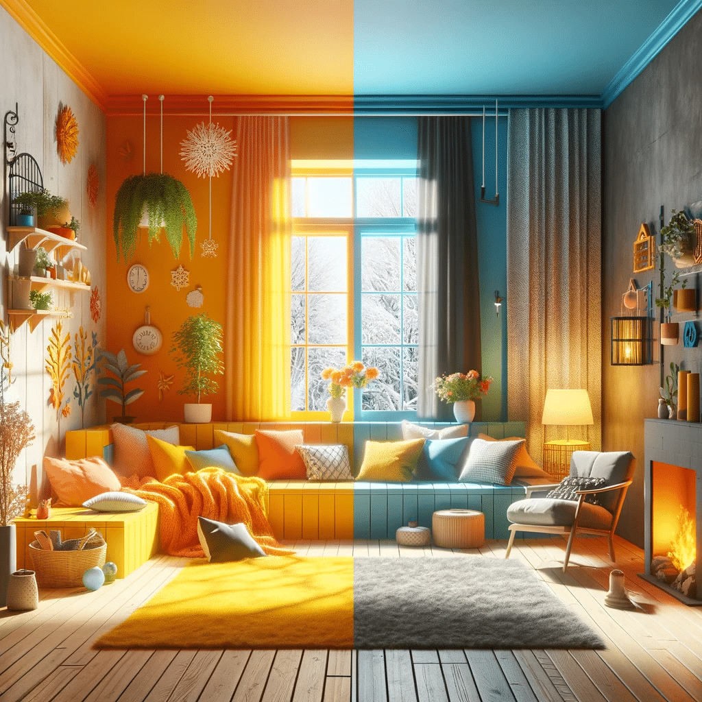 A room contrasting cooler colors and warmer colors