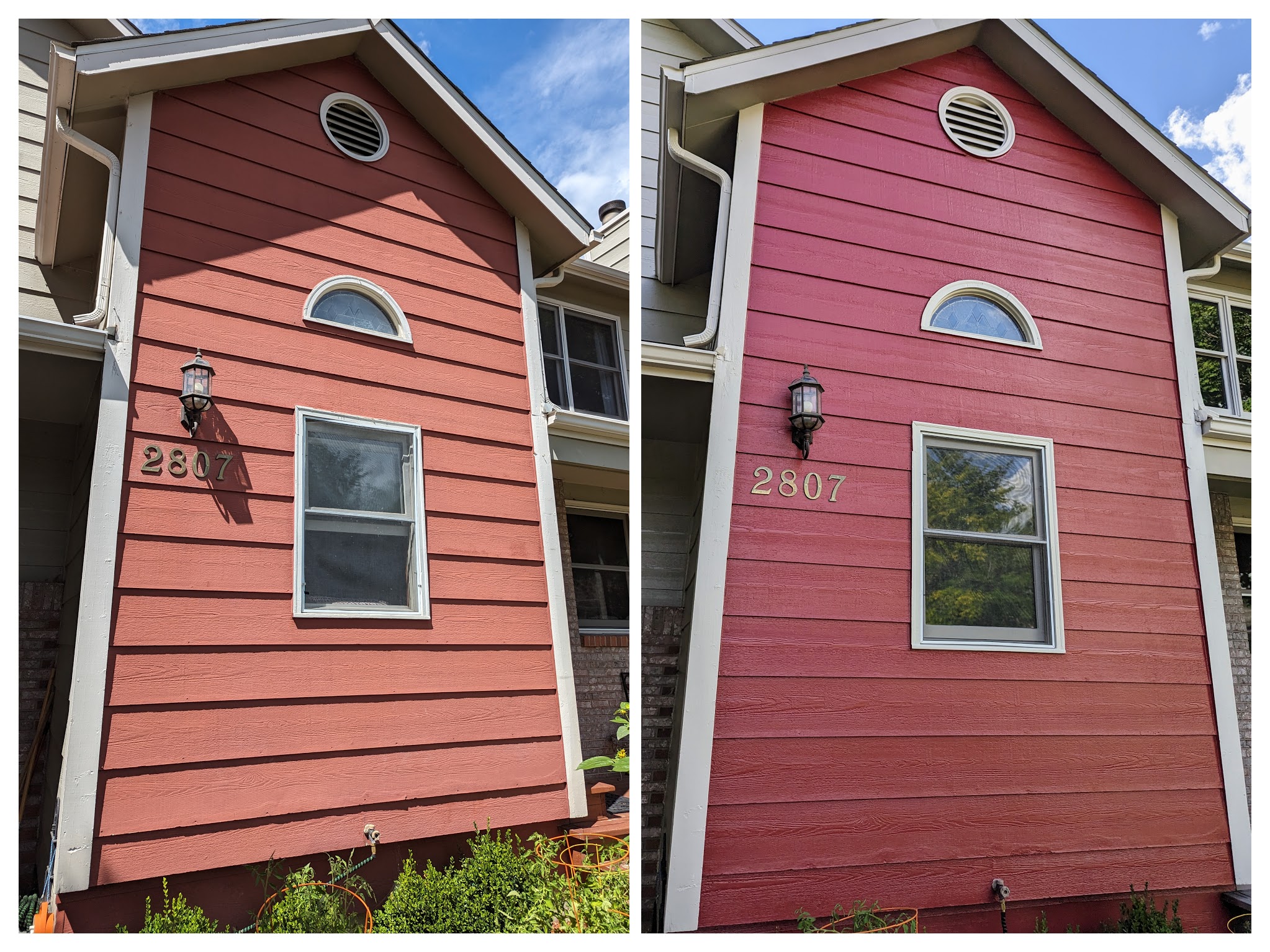 Side by side comparison of an area that was faded being restored with exterior painting services by Painting NoCo